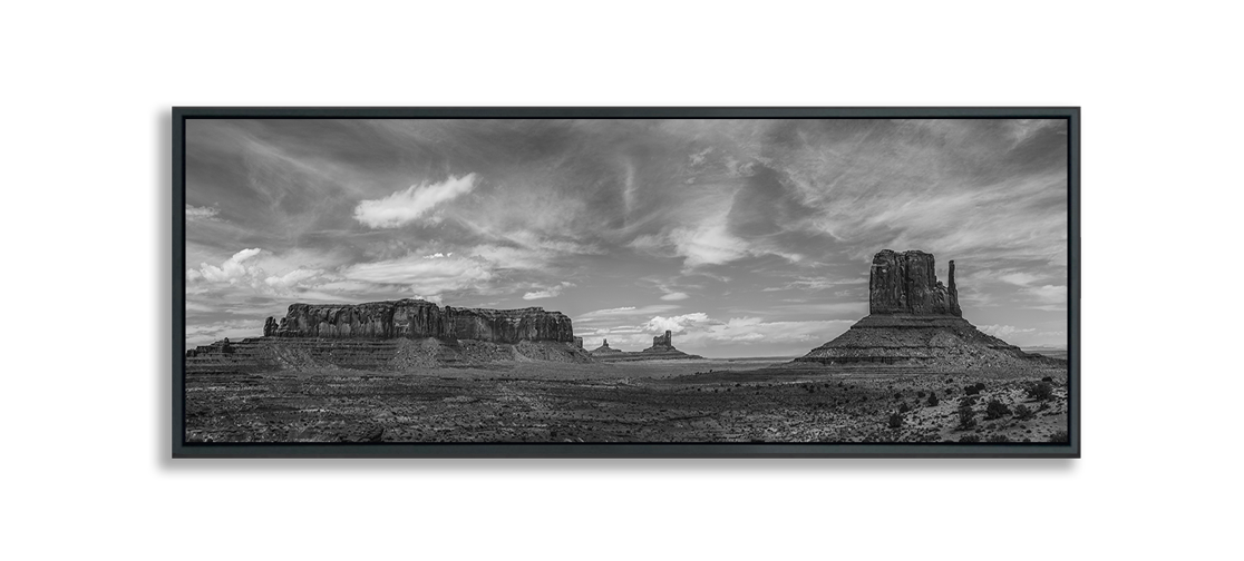 Monument Valley Panoramic Black and White Framed Fine Art Print dramatic cloud patterns above desert buttes