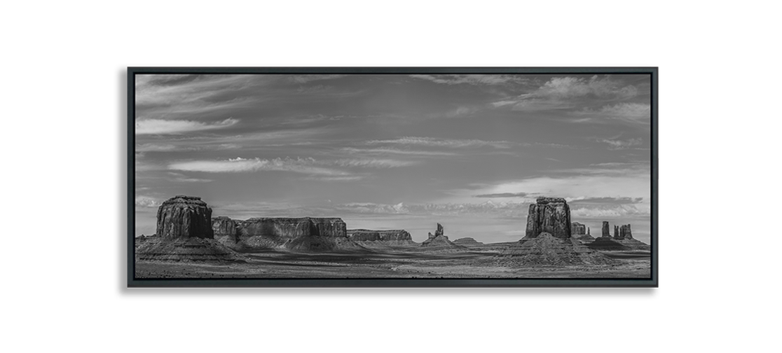 Monument Valley Panoramic Metal Print wide black and white photograph of desert buttes