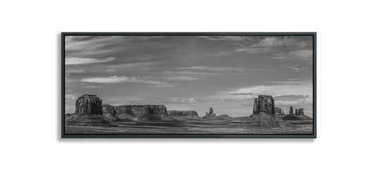 Monument Valley Panoramic Metal Print wide black and white photograph of desert buttes