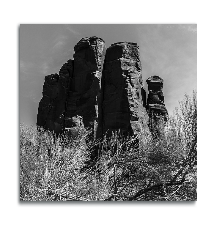 Monument Valley Square Photographic Metal Print rock formation dried brush in foreground