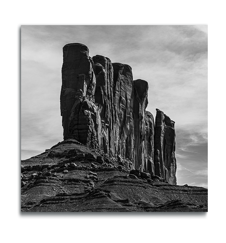 Monument Valley Black and White Square Metal Print dramatic rock formation from low angle