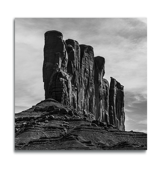 Monument Valley Black and White Square Metal Print dramatic rock formation from low angle