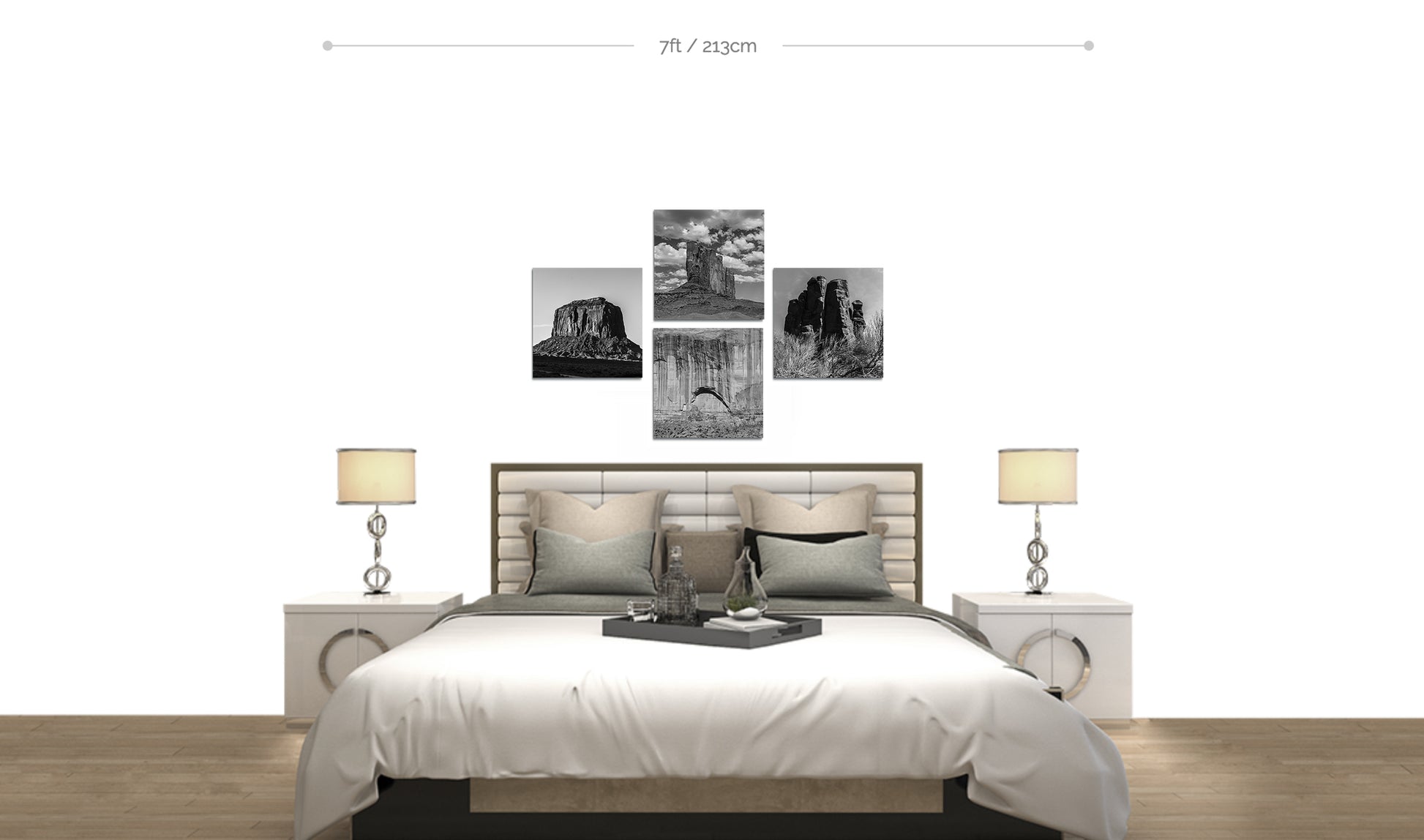 Monument Valley Square Metal Prints displayed in cross formation hanging above bed