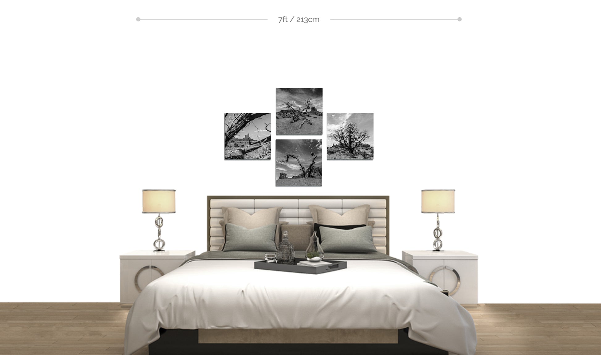 Monument Valley fine art prints featuring desert trees in black and white set of four arranged in cross formation hanging above bed