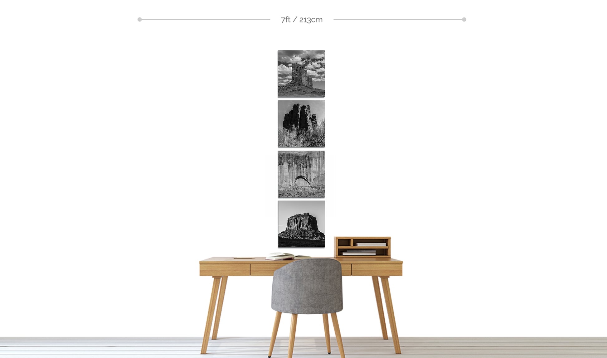 Monument Valley Square Metal Prints displayed in vertical line above home office desk with chair