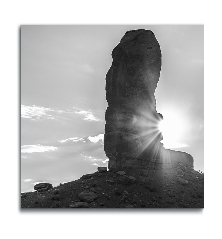 Monument Valley Square metal print in black and white vertical rock with sunburst