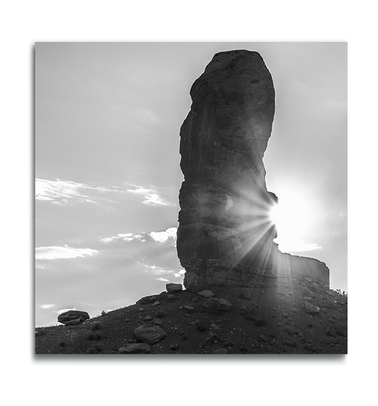 Monument Valley Square metal print in black and white vertical rock with sunburst