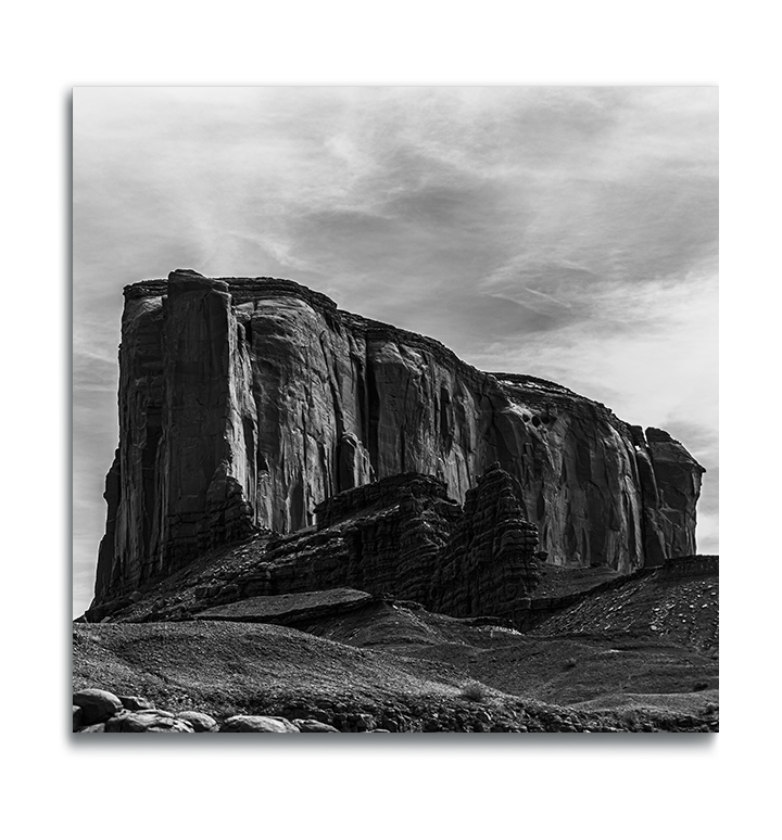 Monument Valley Square Metal Print black and white rock ridge