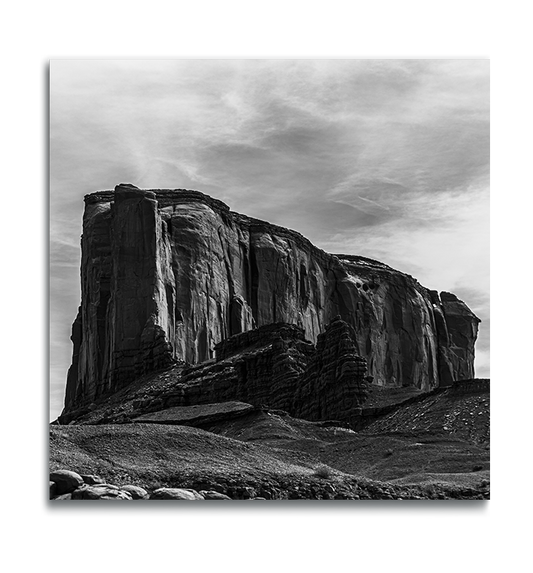 Monument Valley Square Metal Print black and white rock ridge