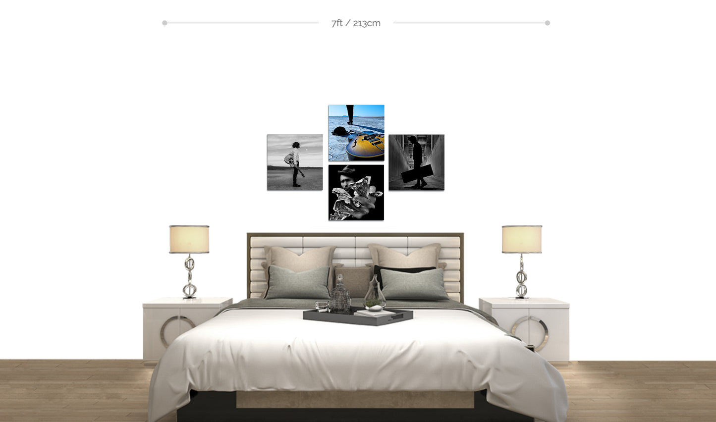 Set of four fine art square metal prints in black and white and color arranged in cross formation on wall above bed in bedroom