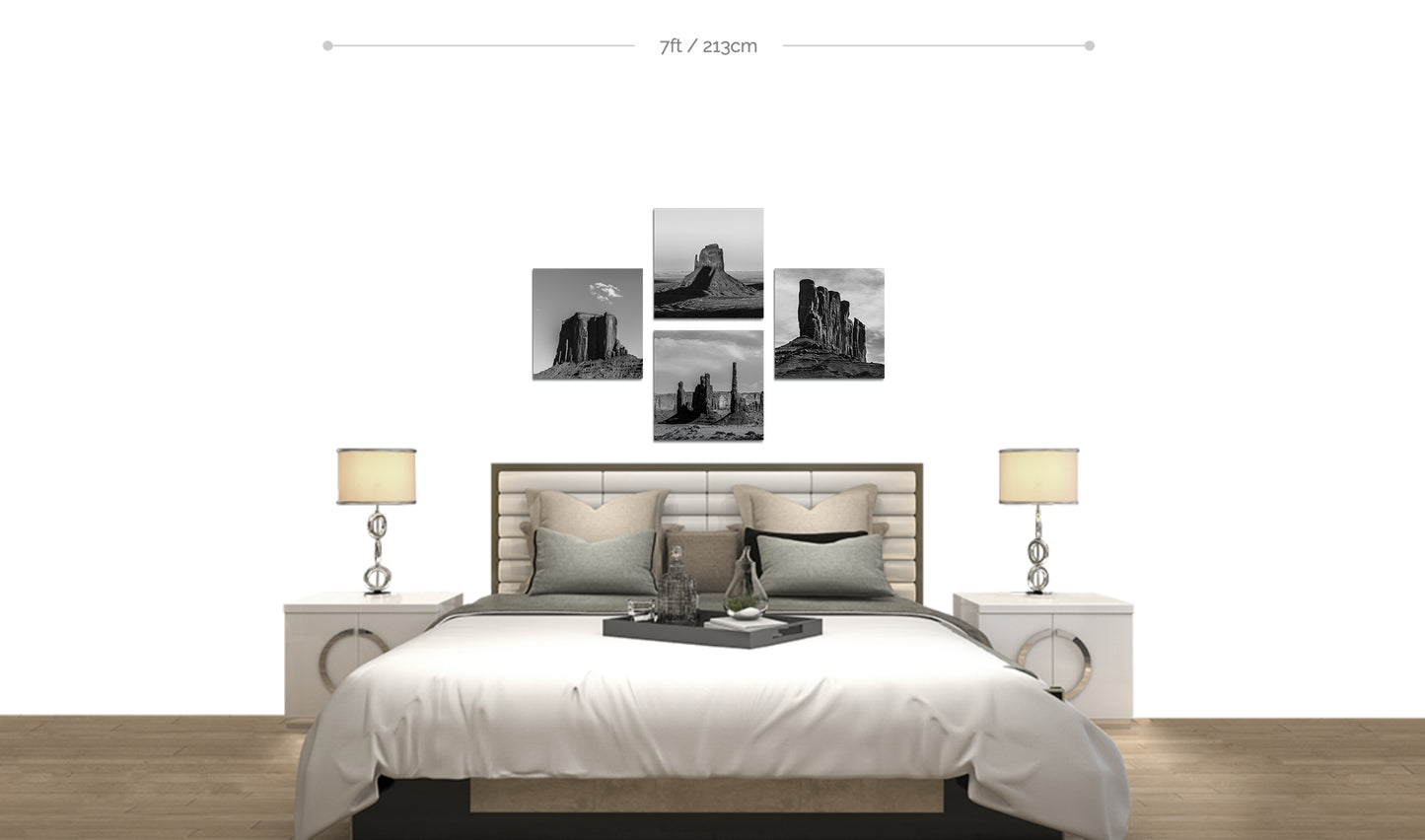 Monument Valley Square Metal Prints set of 4 displayed in cross formation on wall above bed