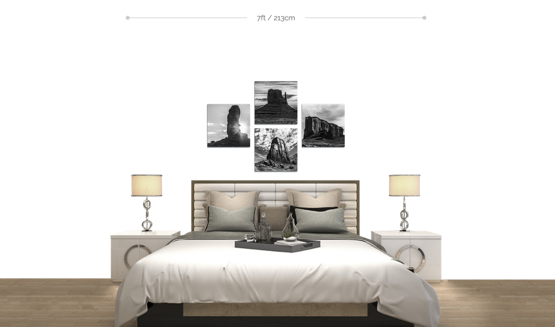 Monument Valley Square Metal Prints black and white set of 4 displayed in cross formation hanging on wall above bed