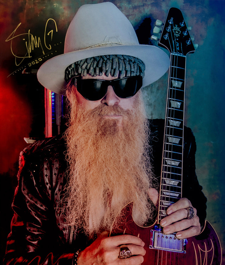 Billy F Gibbons Autographed Print The Art of Giving color portrait Billy holding his red guitar