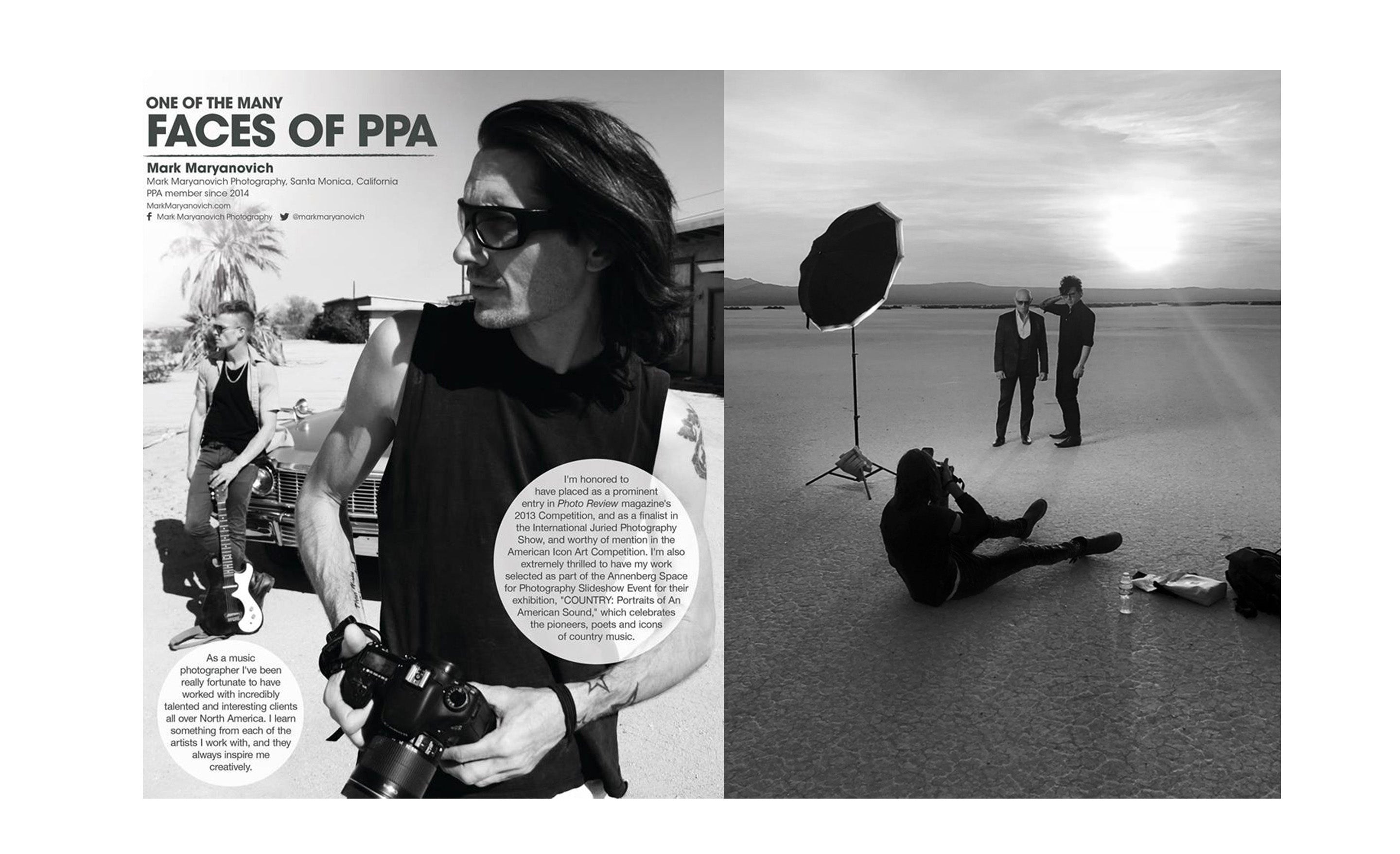 Professional Photographers of America Faces of PPA featuring Mark Maryanovich black and white behind the scenes photos Mark in foreground holding camera client standing with guitar in front of car behind him across from behind the scenes photo Mark sitting on desert floor with flash set up while shooting two musicians