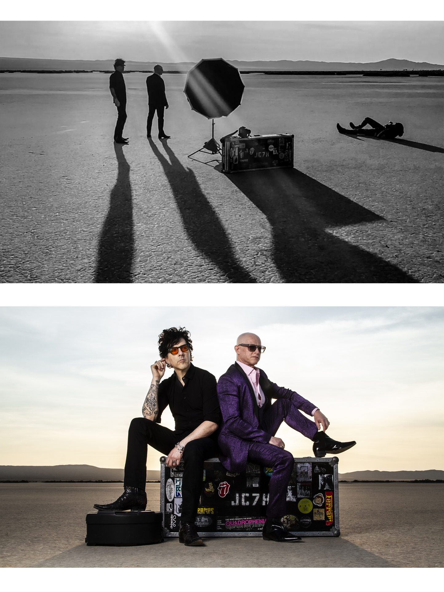 Fine art portrait photography shoot 7Horse duo in desert sitting on guitar case in color black and white behind the scenes photo with Mark Maryanovich placed above