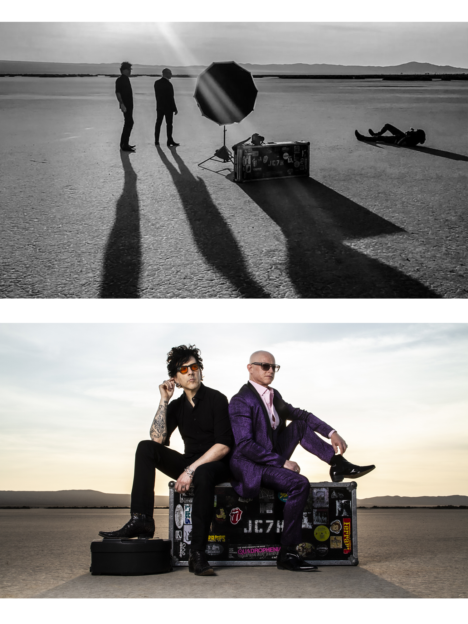 Fine art portrait photography shoot 7Horse duo in desert sitting on guitar case in color black and white behind the scenes photo with Mark Maryanovich placed above
