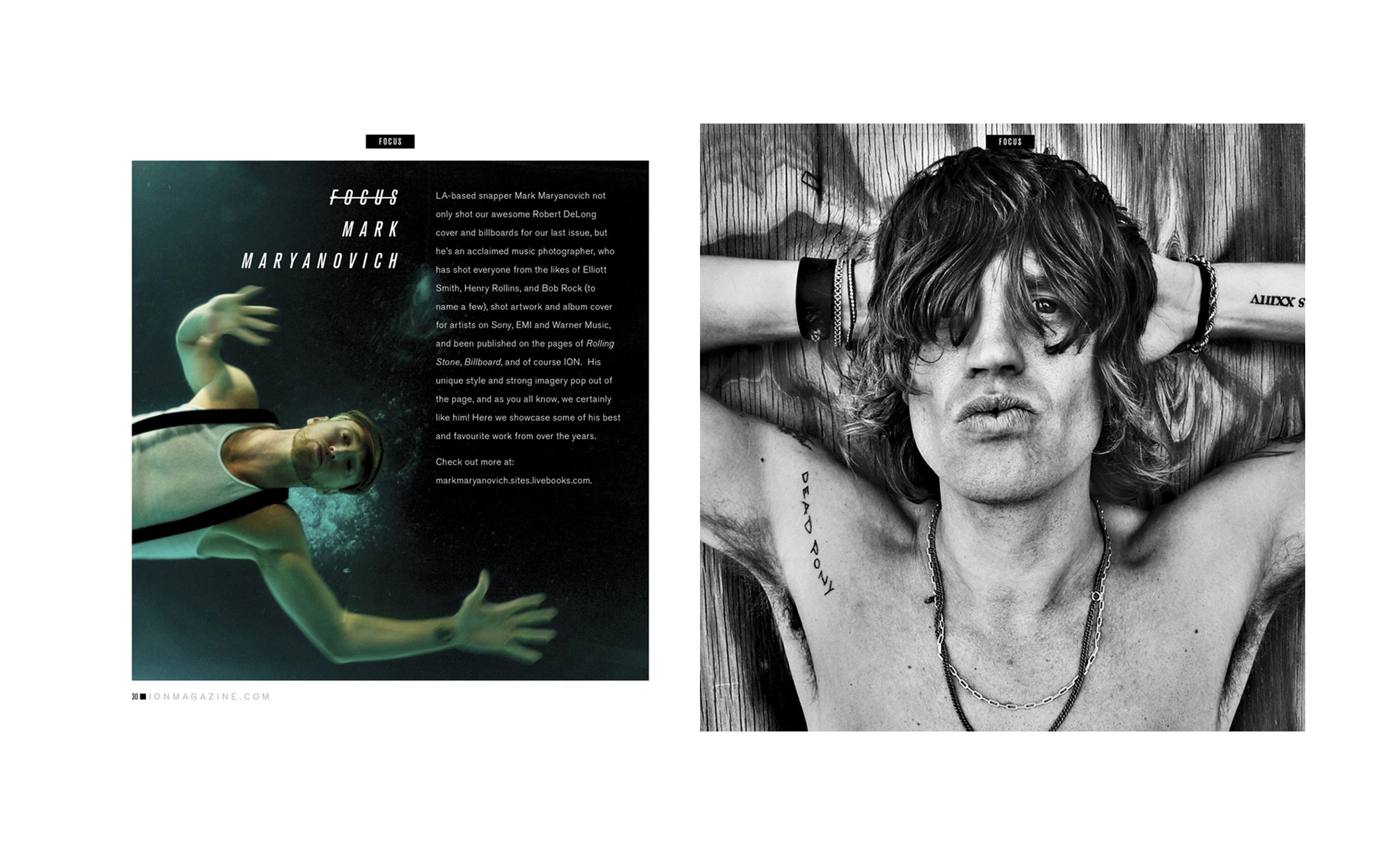 Mark Maryanovich Photography ION Magazine feature page 1 text introduction overlaid on underwater portrait of swimming musician black and white portrait of musician standing against wood wall arms folded and clasped behind his head on opposite side