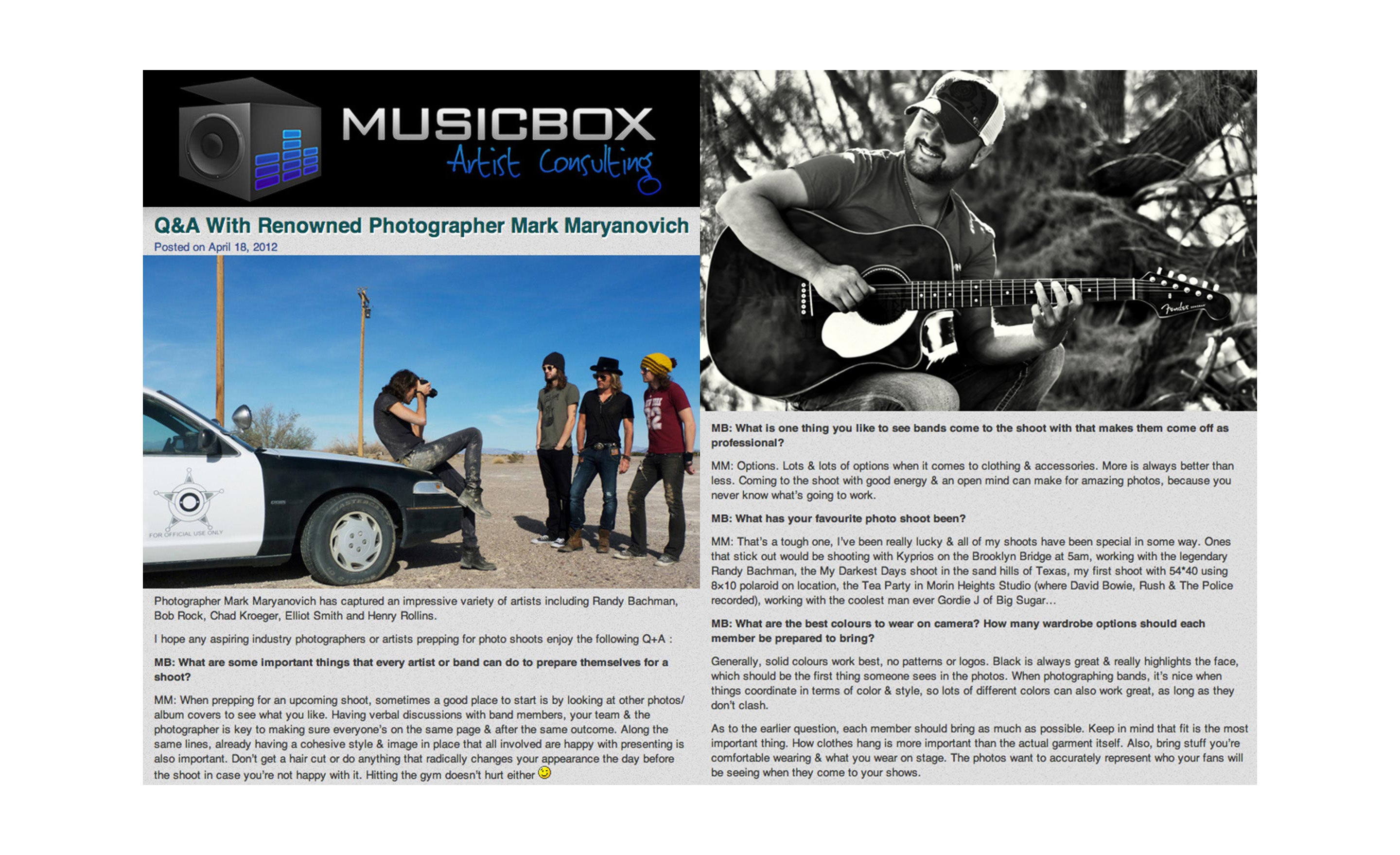 LA Photographer Mark Maryanovich Interview Publication Musicbox Artist Consulting page 1 behind the scenes photo Mark taking portrait of three band members while sitting on hood of car with black and white portrait country musician strumming guitar while smiling in front of tree in black and white on opposite side