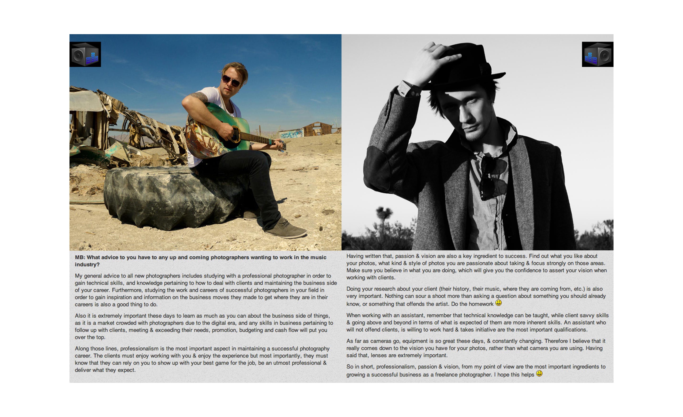 Los Angeles portrait photographer Mark Maryanovich Musicbox Artist Consulting interview page 2 photo of musician sitting on large rock in desert strumming guitar with black and white musician portrait artist standing in desert one hand to his hat sunglasses tucked in his shirt collar on opposite side both images placed above text
