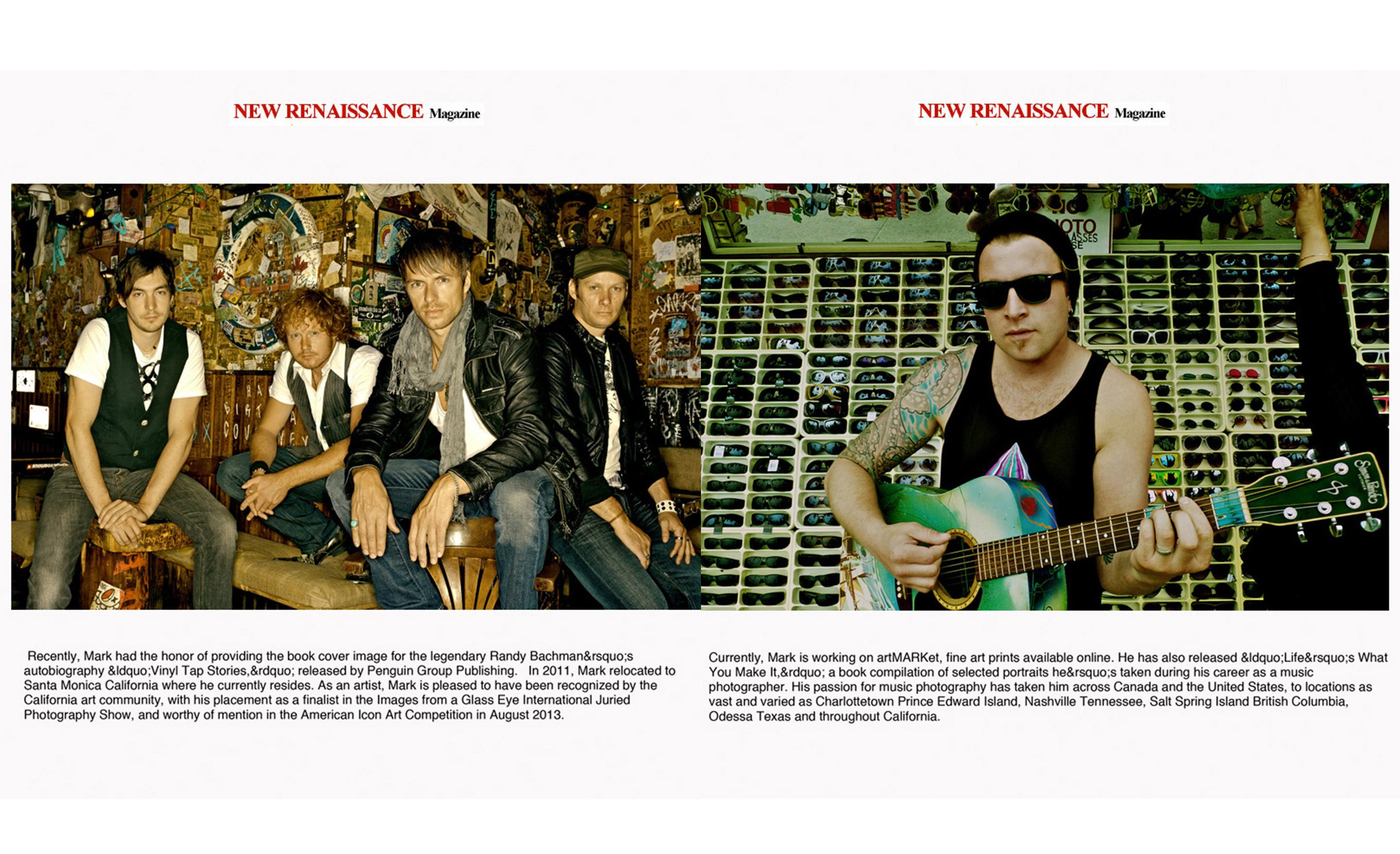 Magazine article Los Angeles based Mark Maryanovich Photography page 2 band portrait four members sitting against wall covered in paper shreds with portrait of musician wearing sunglasses while strumming blue guitar standing in front of rows of sunglasses on opposite side Publication New Renaissance Magazine