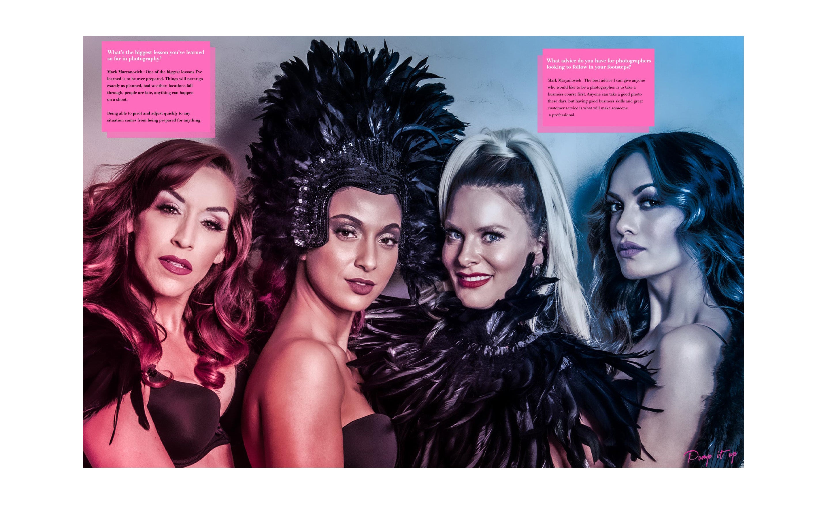 Los Angeles portrait photographer Mark Maryanovich Pump It Up Magazine Interview page 4 image of four female musicians one wearing feathered head dress with text laid in two pink boxes above their heads