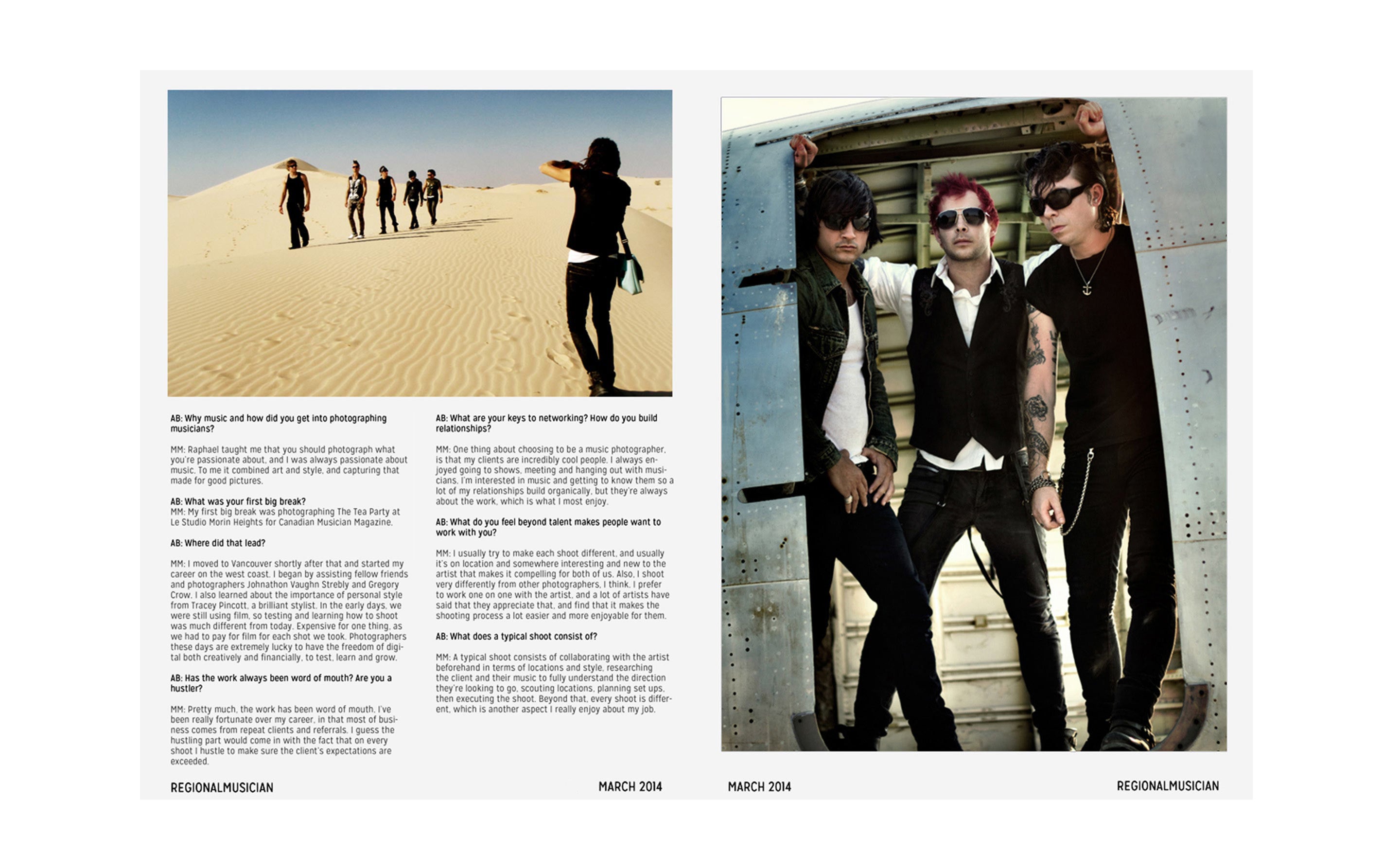 Regional Musician Magazine Interview featuring Mark Maryanovich page 2 behind the scenes Mark photographing band walking in sand dunes with interview text beneath band portrait three members in doorway of airplane on opposite side