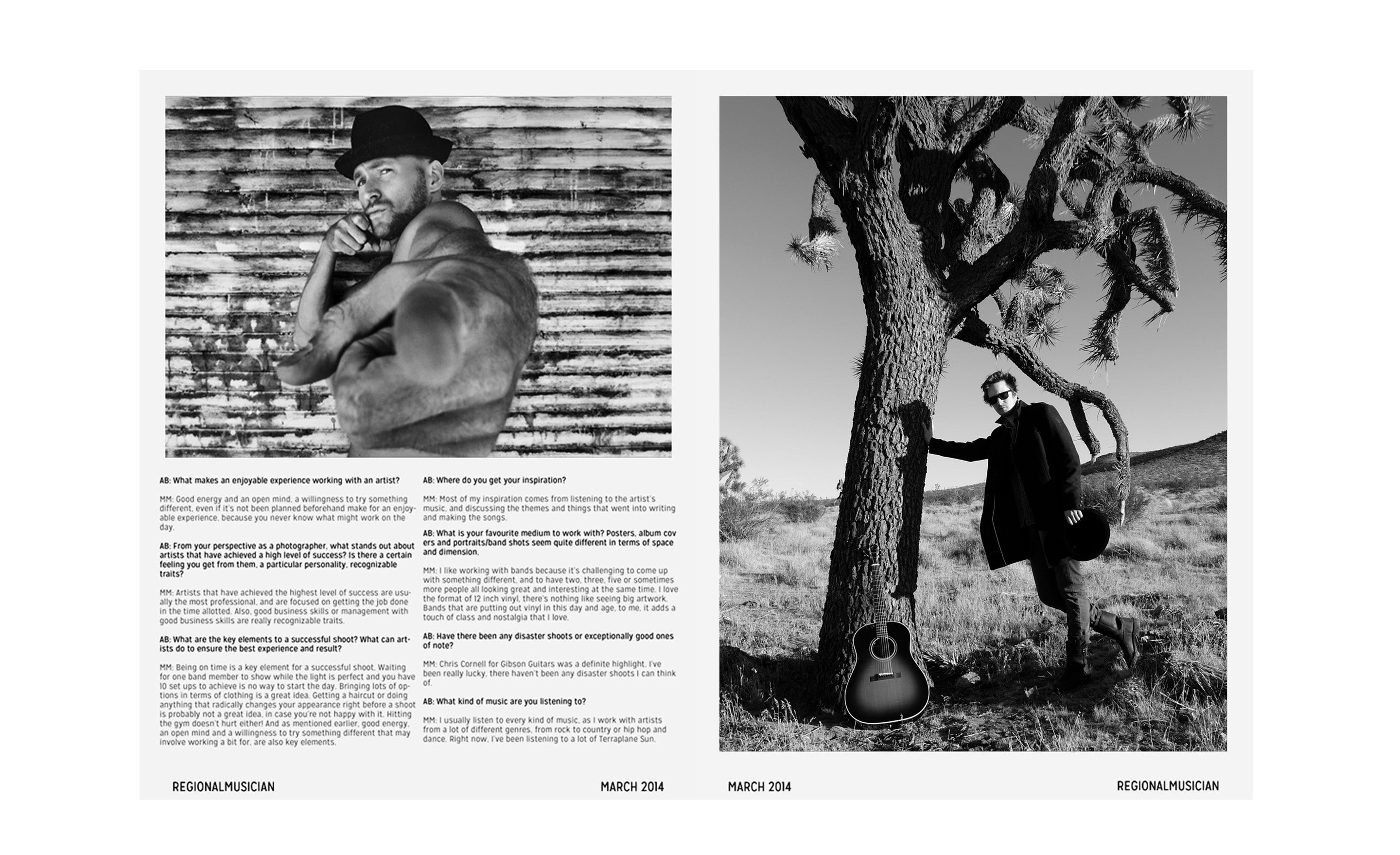 Interview with Photographer Mark Maryanovich Regional Musician Magazine page 3 black and white portrait rapper against metal wall pointing finger at camera in closeup black and white image of musician with arm outstretched leaning on tree with guitar placed in front on opposite side
