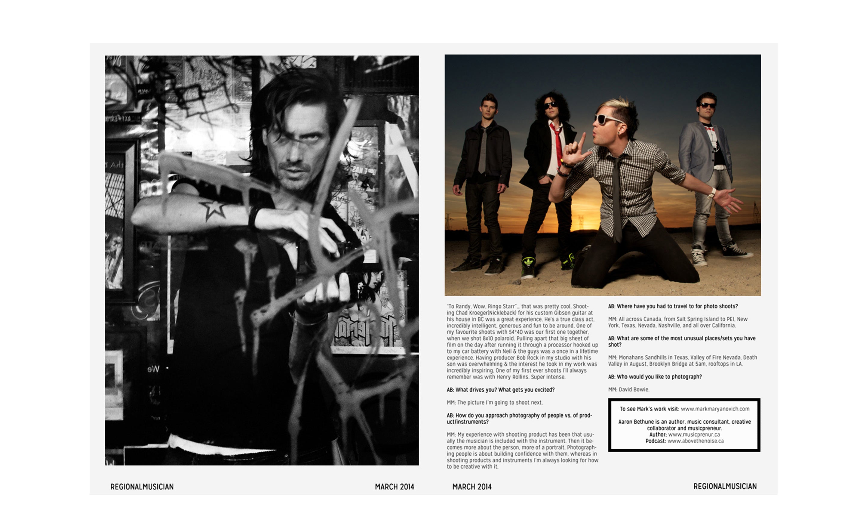 Interview featuring Los Angeles Photographer Mark Maryanovich Regional Musician Magazine page 5 black and white self portrait in graffitied mirror color band photo four members standing in desert at sunset lead singer on knees in foreground on opposite side