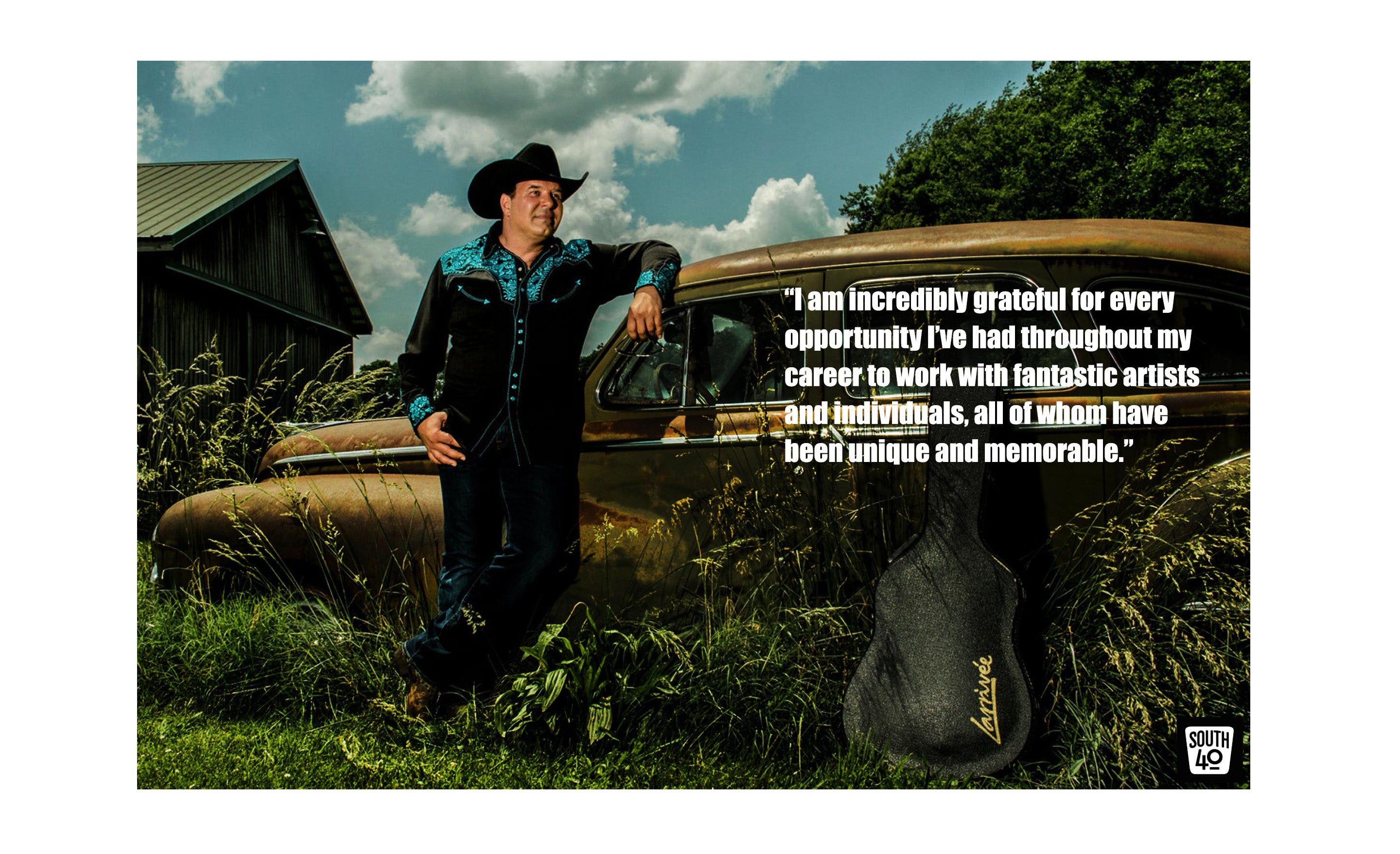 Los Angeles based portrait photographer Mark Maryanovich South 40 Creative Spotlight page 4 portrait country musician in cowboy hat leaning against vintage car parked in grass barn and blue sky with puffy clouds behind him