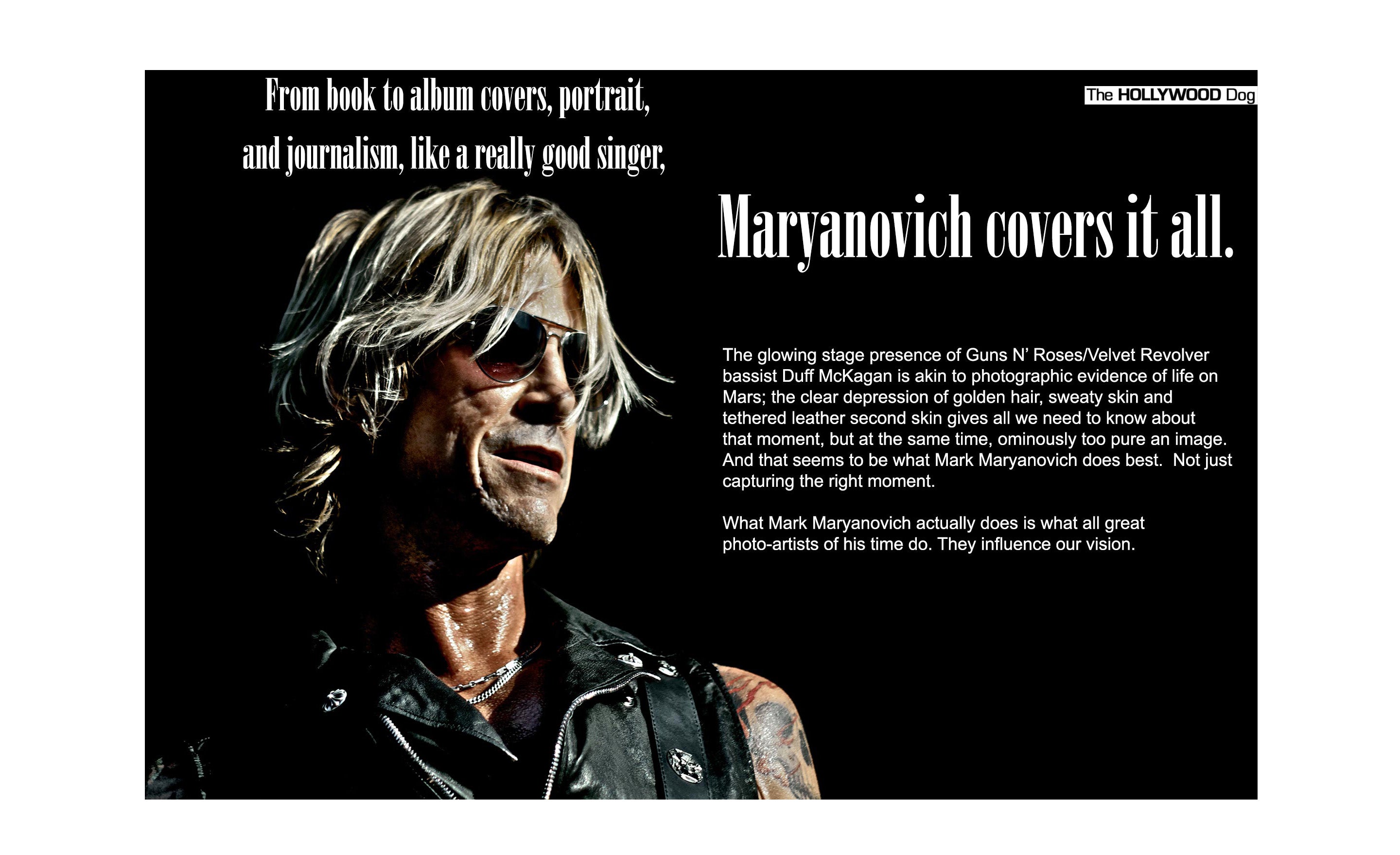 Duff McKagan portrait featured in The Hollywood Dog article about Mark Maryanovich Photography page 4 closeup Guns N Roses bassist wearing black leather vest and sunglasses with text overlaid