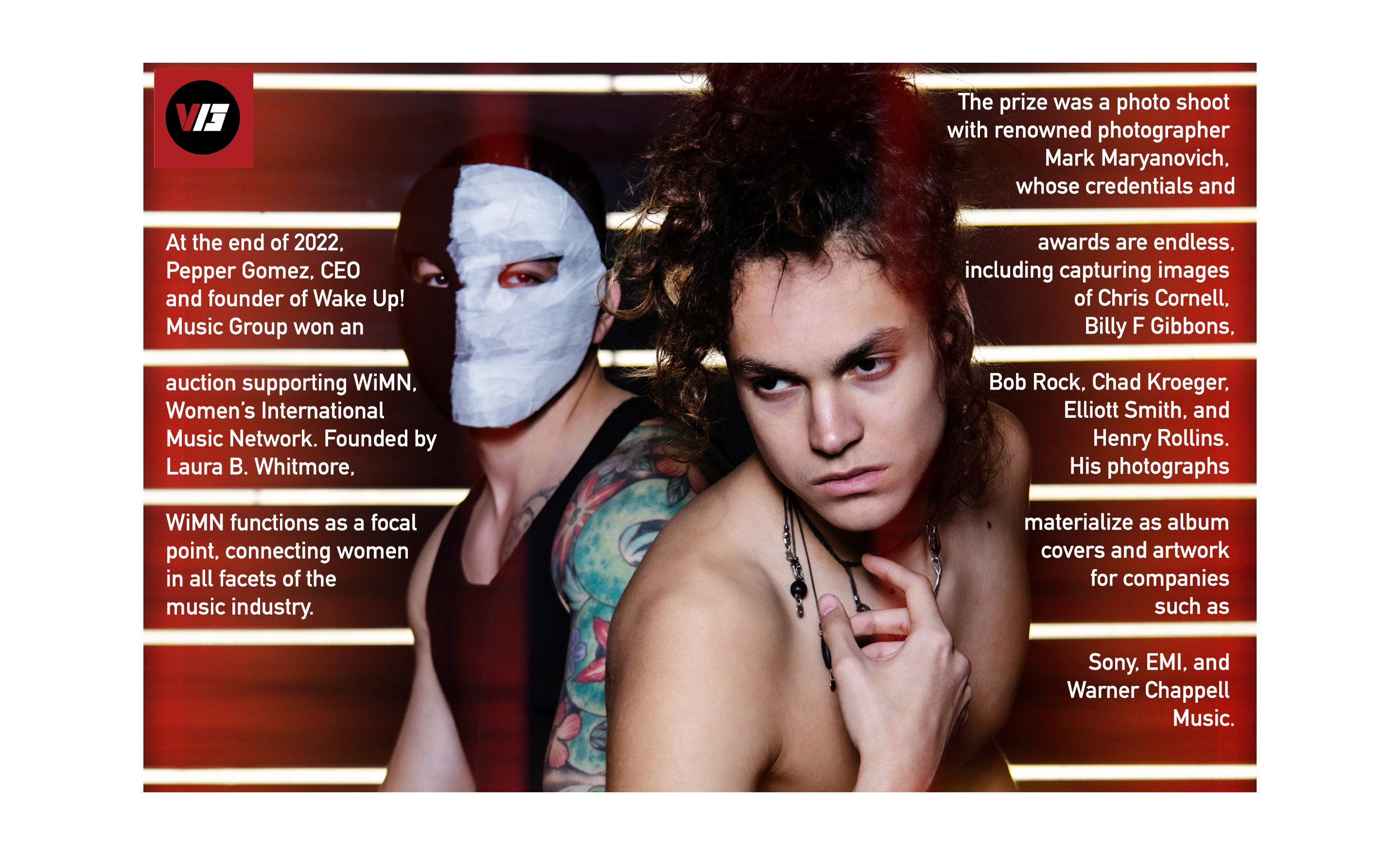 LA portrait photographer Mark Maryanovich V13 Media article page 2 portrait of music duo The ET Boys standing in front of red wall with horizontal lines of white lights one bare chested and the other wearing a black and white full face mask