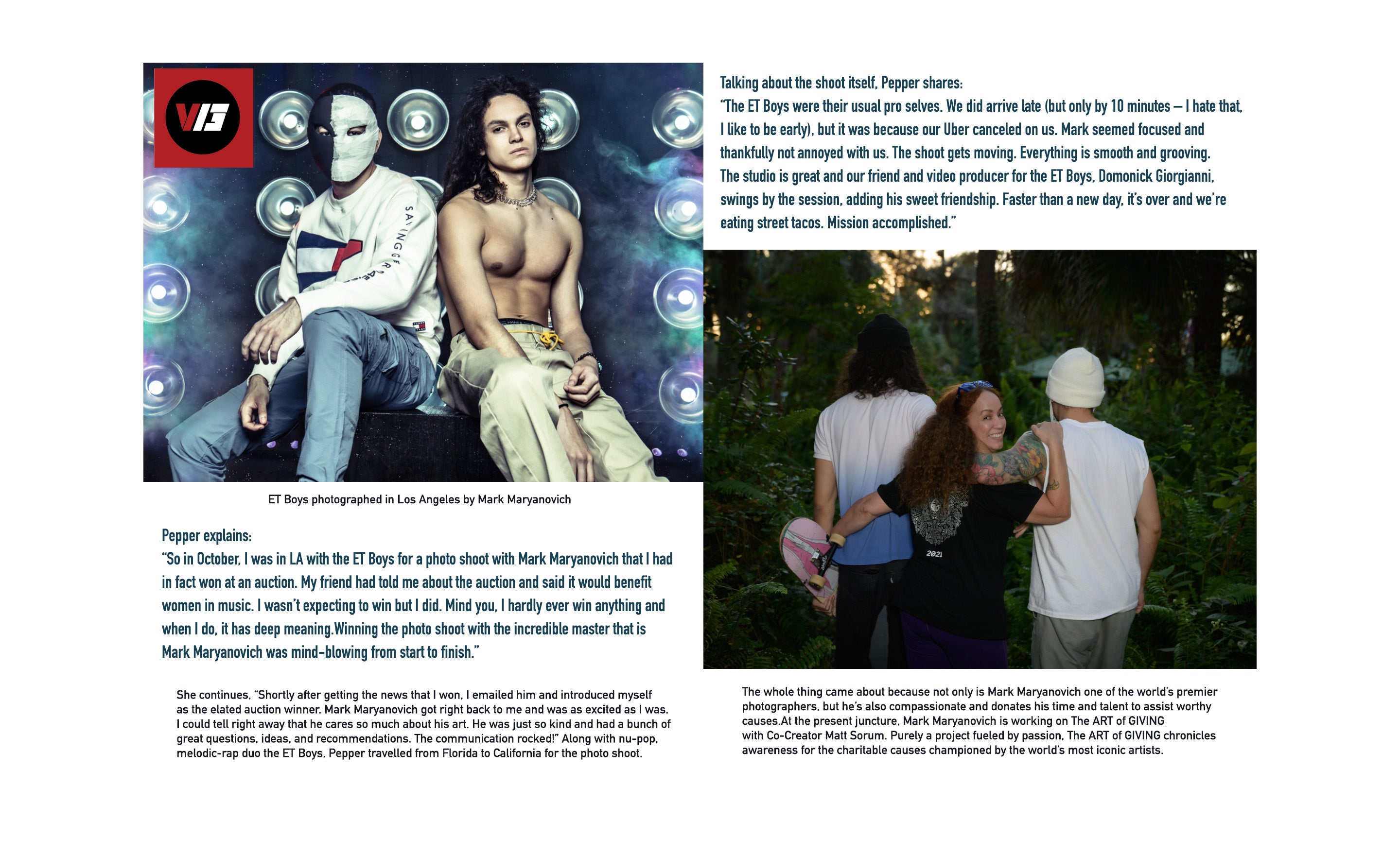 Los Angeles portrait photographer Mark Maryanovich V13 Media article page 3 text surrounding music duo portrait The ET Boys sitting on black cube silver circular lights behind them across from behind the scenes photo ET Boys with Pepper Gomez walking away from camera arms wrapped around each other Pepper looking back and smiling