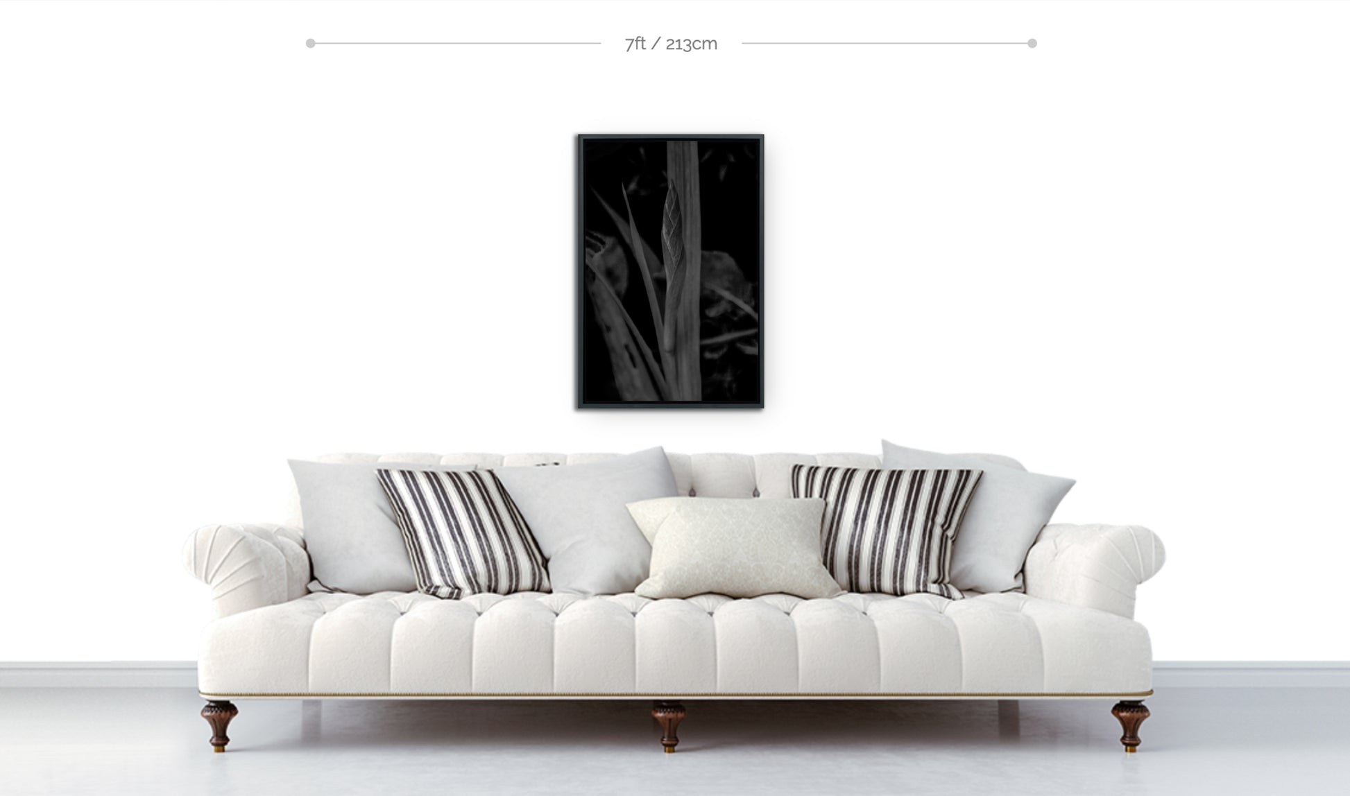 Botanical wall art preview 30x20 framed print displayed hanging above sofa