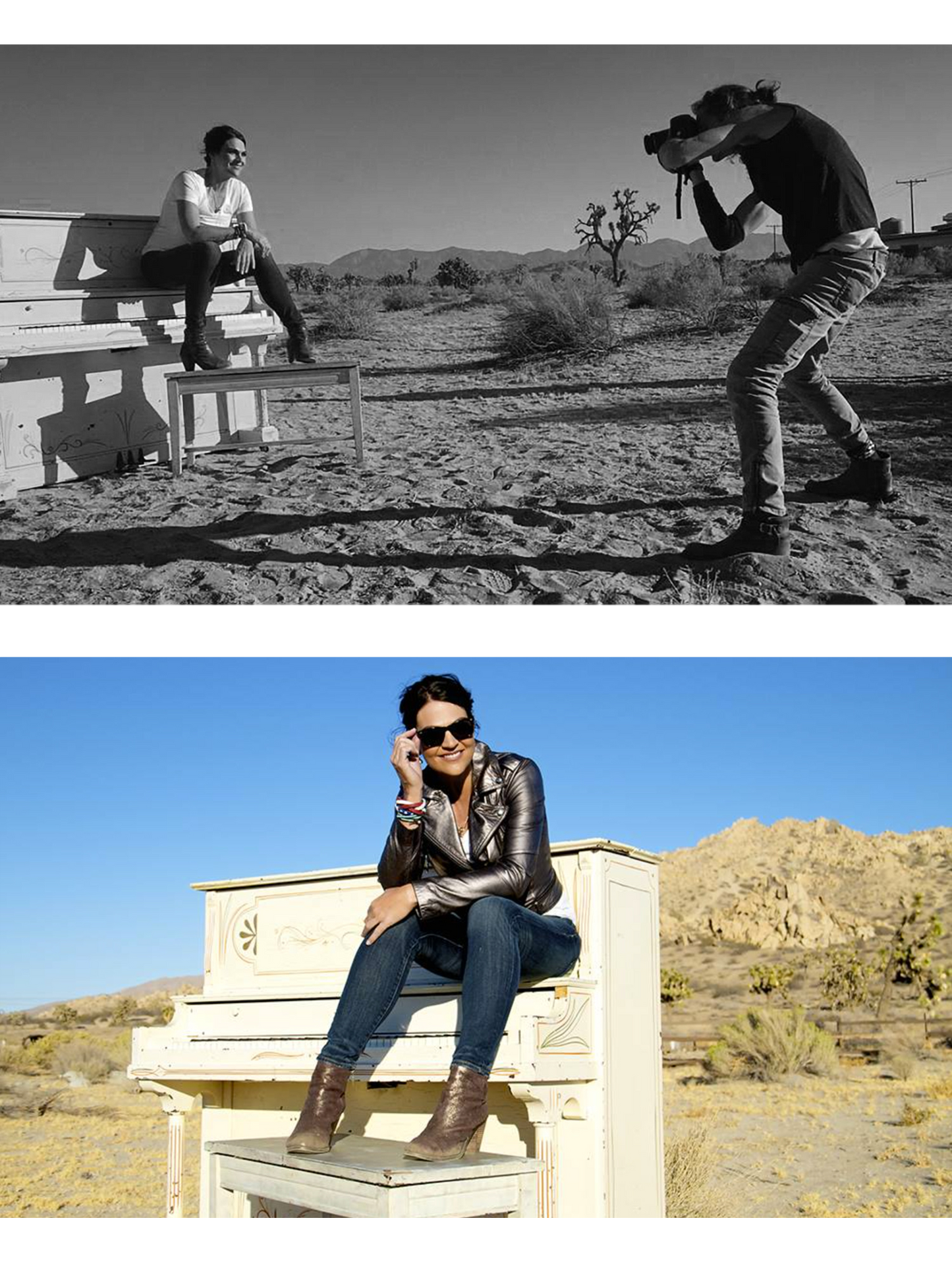Fine Art Portrait color photograph Leslie Cours Mather sitting on weathered piano in desert with bts photo of Mark Maryanovich photographing her placed above