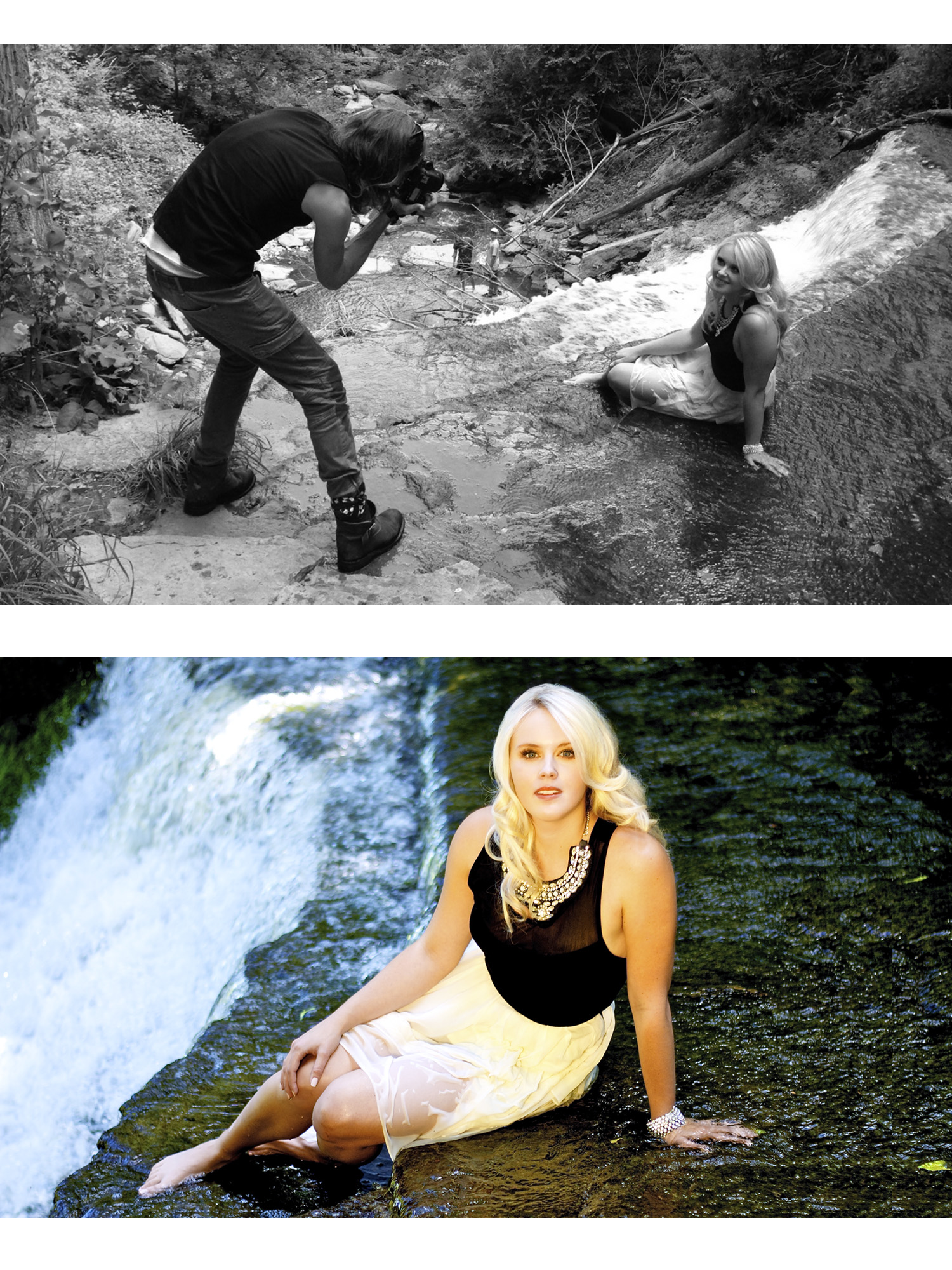 Fine Art Portrait Photograph in color Krista Earle sitting by waterfall in color with black and white bts photo of Mark Maryanovich photographing her placed above