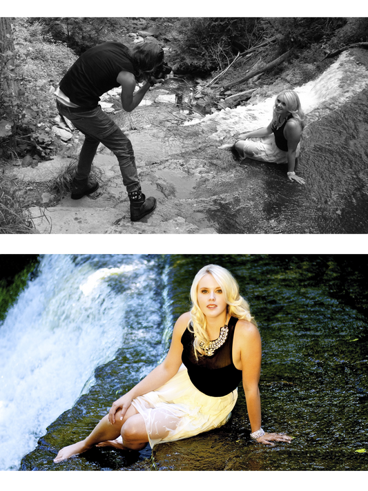 Fine Art Portrait Photograph in color Krista Earle sitting by waterfall in color with black and white bts photo of Mark Maryanovich photographing her placed above