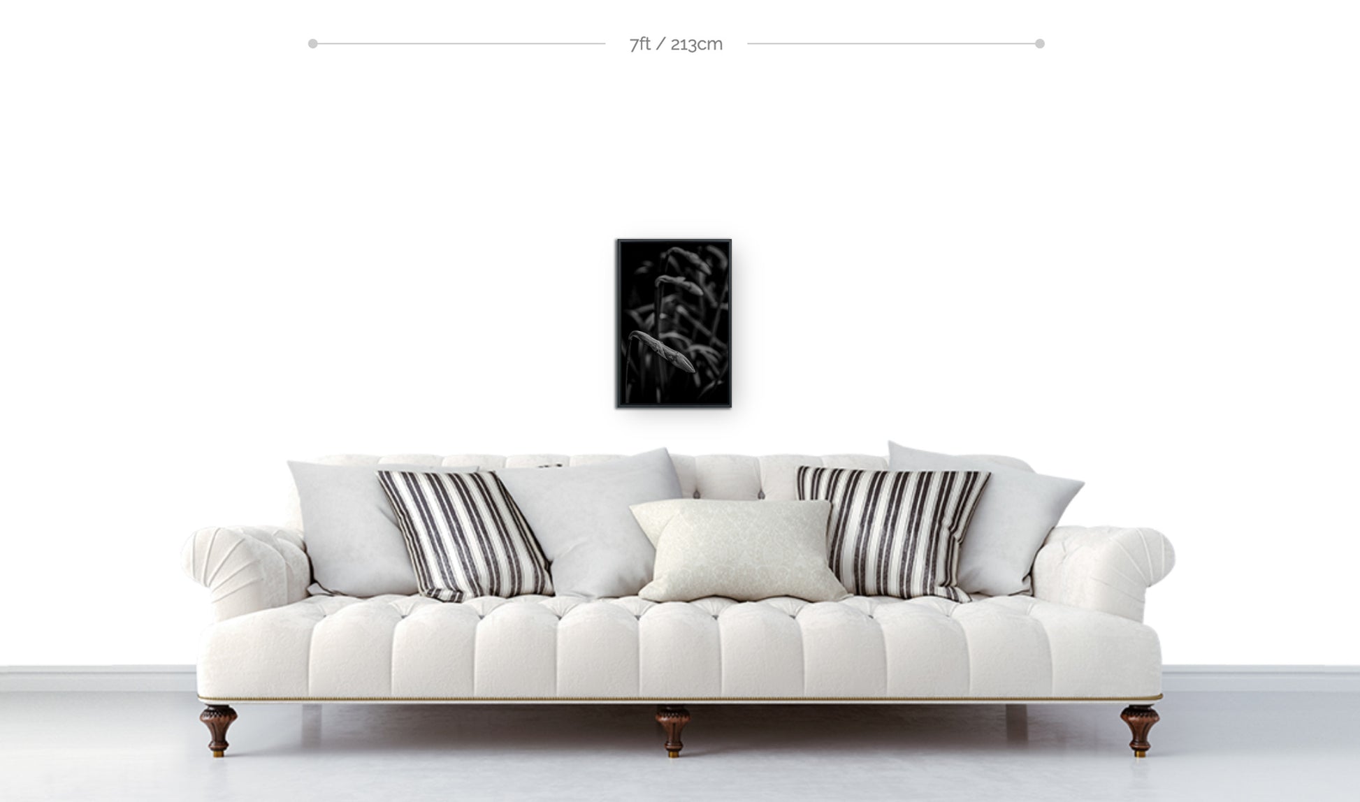 Floral wall decoration framed metal print black and white photograph closeup of daffodil buds hanging above sofa