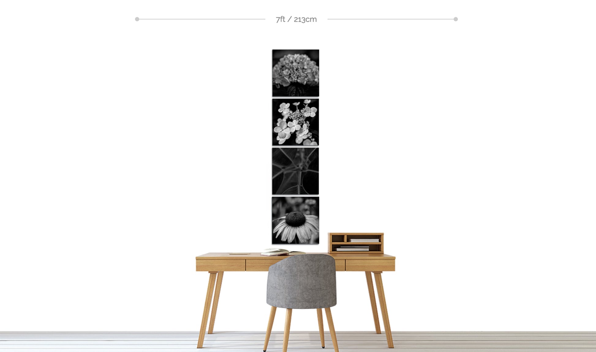 Floral square metal wall decor example four botanical photography prints arranged in vertical line above desk in home office