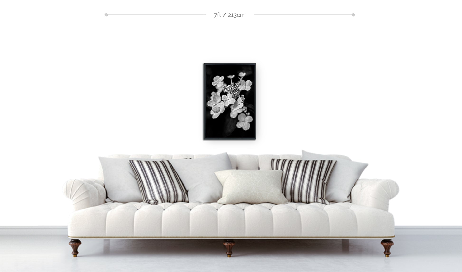 Metal wall decor 24x16 framed print black and white macro photograph tiny white flowers displayed hanging above sofa