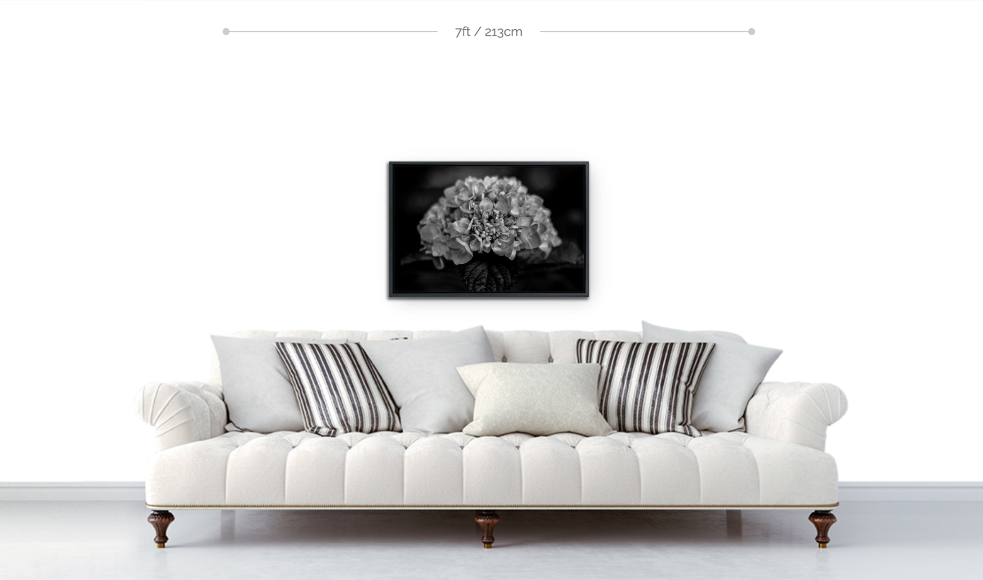 Flower wall decor framed metal print closeup black and white photograph hydrangeas displayed above sofa
