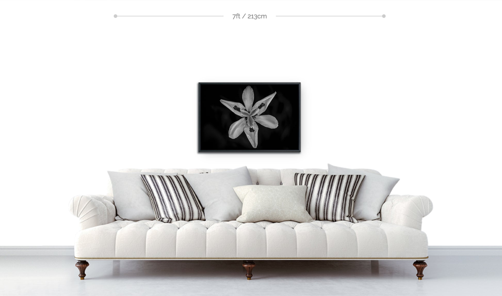 Flower wall art framed metal print photograph closeup fortnight lily hanging above sofa