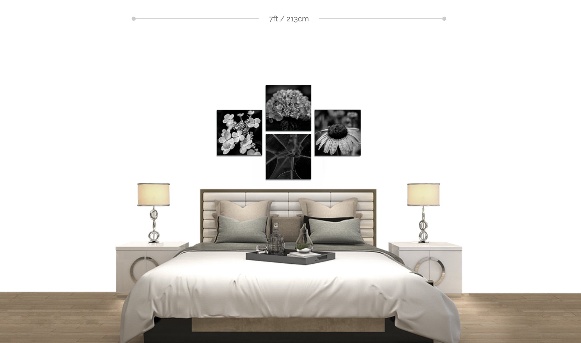 Flower wall art example four botanical metal prints on wall arranged in cross pattern above bed