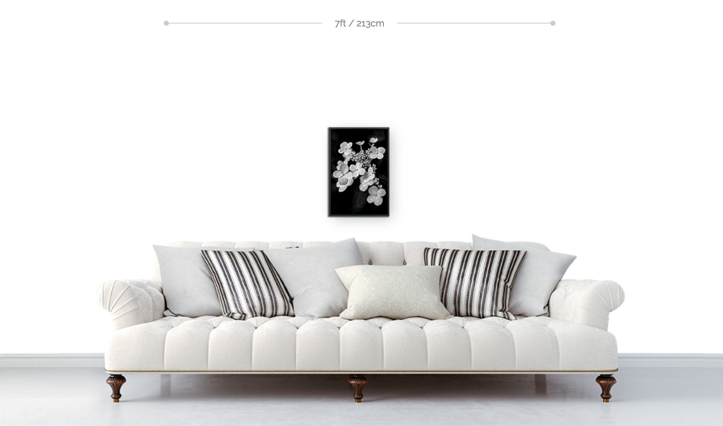 Framed floral wall decor 18x12 black and white metal print macro photograph of tiny white flowers displayed hanging above sofa