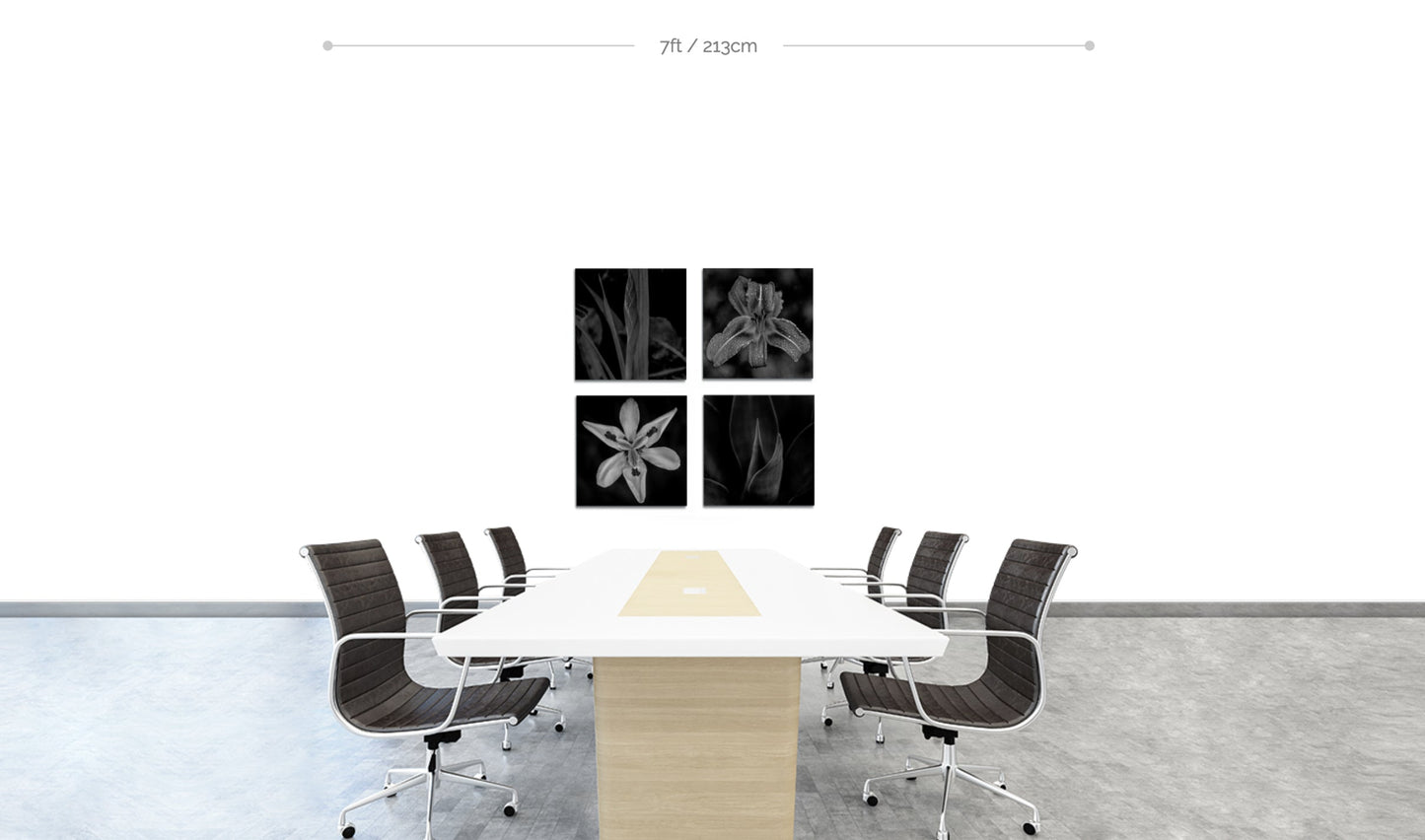 Metal flower wall decor set 4 aluminum prints arranged in square pattern hanging on boardroom wall
