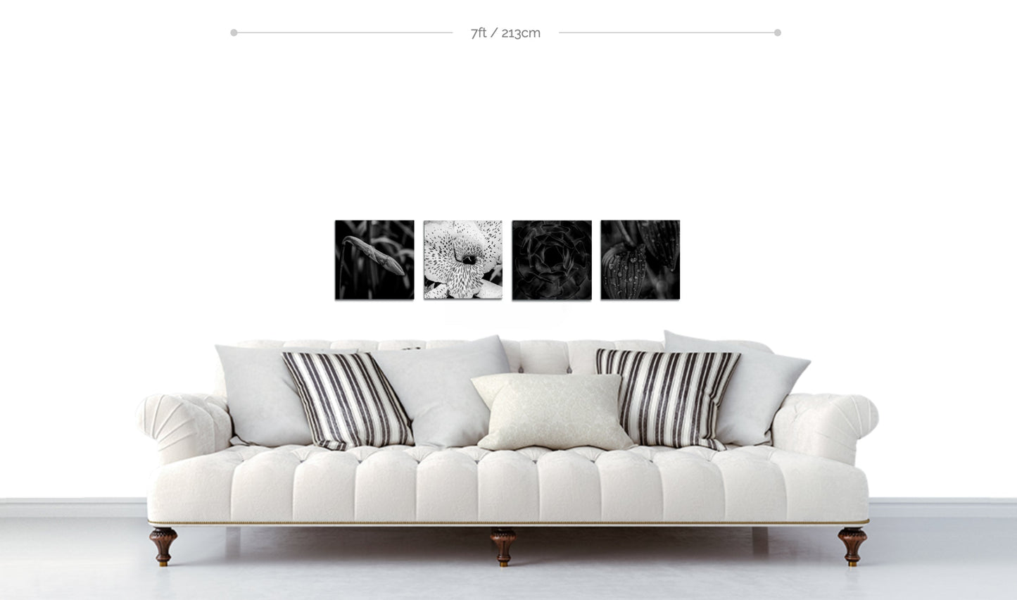 Metal flower wall decor set example four flower prints arranged in row above sofa Square Roots Series Two