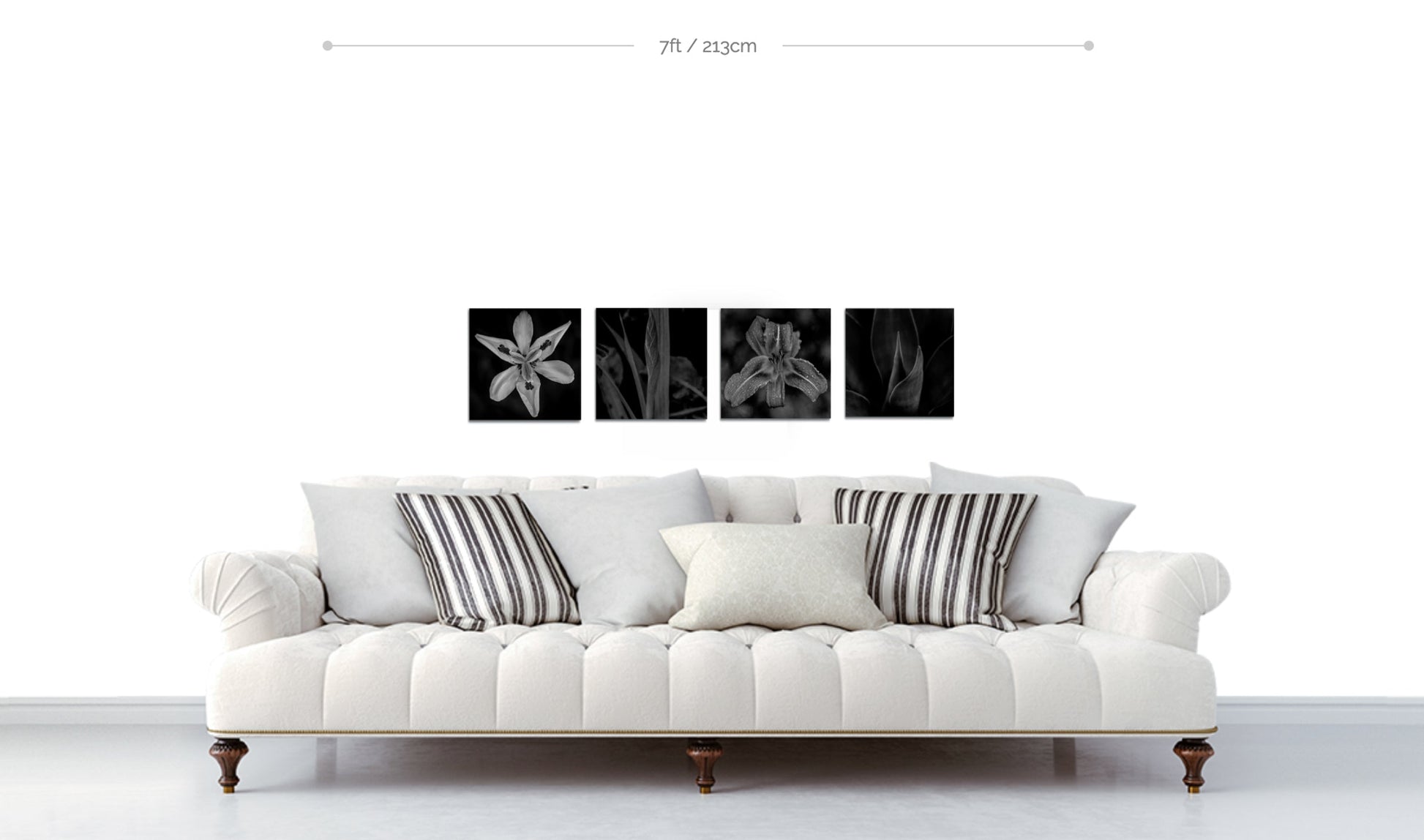 Small metal flower wall decor set of 4 prints arranged in horizontal line above white sofa